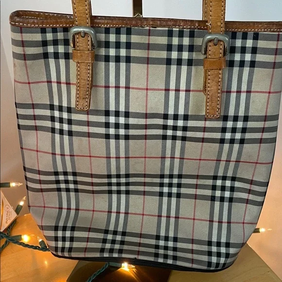 BurberryS Blue Label Plaid Tote Bag with Tan Accents - Picture 6 of 16